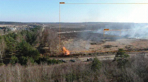 Luchtfoto van een grondbrand naast een weg op ASK 't Harde met AI-gegenereerde brandherkenning over de rook en vlammen